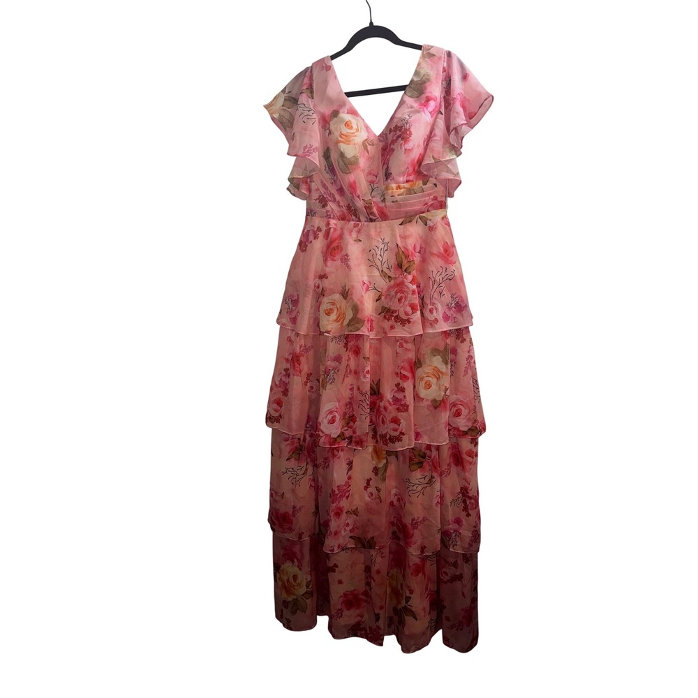 NWT Sz 6 Pink Floral Chiffon Tiered Maxi Dress Corset Back Tea Derby Bridgerton